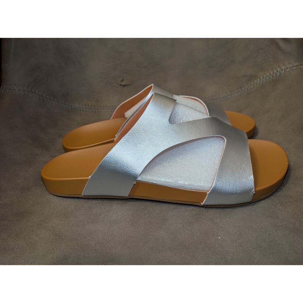 Womens Metallic Silver H-Strap Slide Sandals Flat Comfort Slip On Shoes Size 40 - Picture 2 of 4